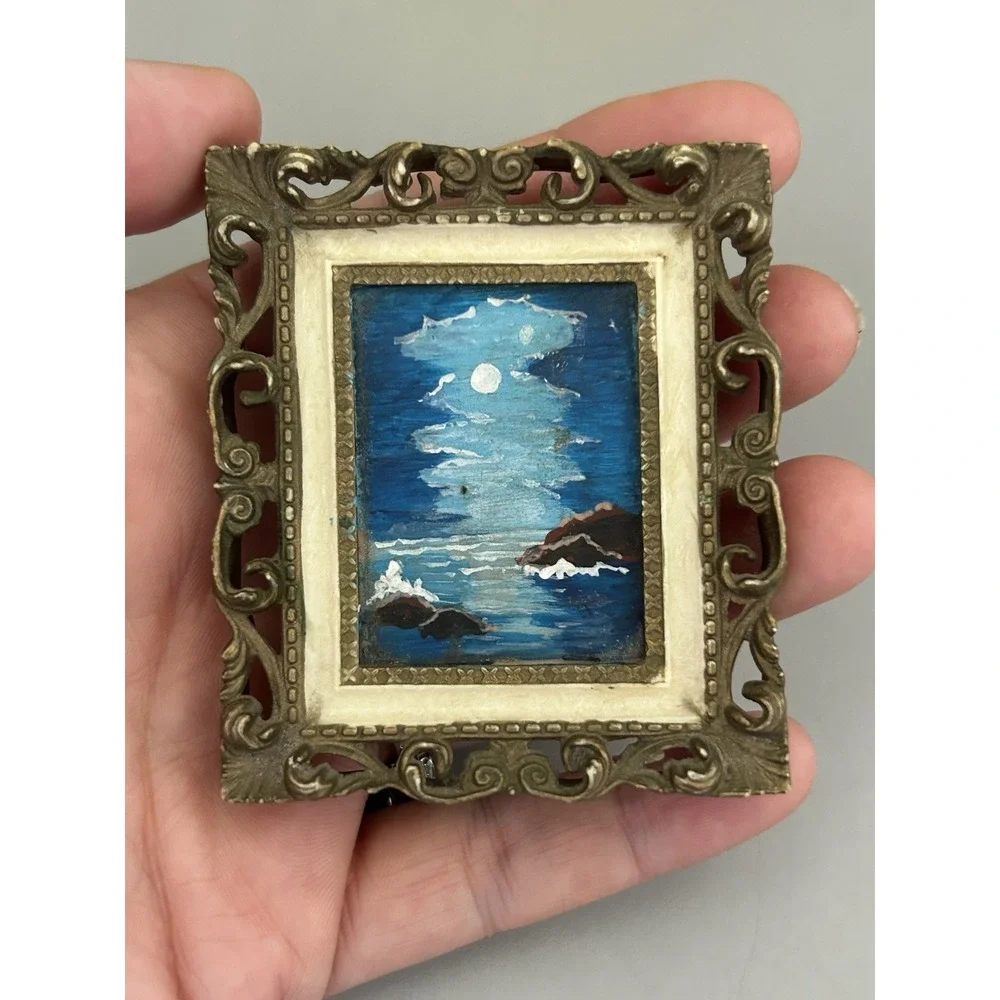 Vintage Dollhouse Miniature Night Ocean Moonlight Beach Painting In Mini Frame